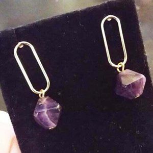 DESIGNER PAPERCLIP WITH AMETHYST QUARTZ STONE PYRAMID DROP DANGLY EARRINGS 69